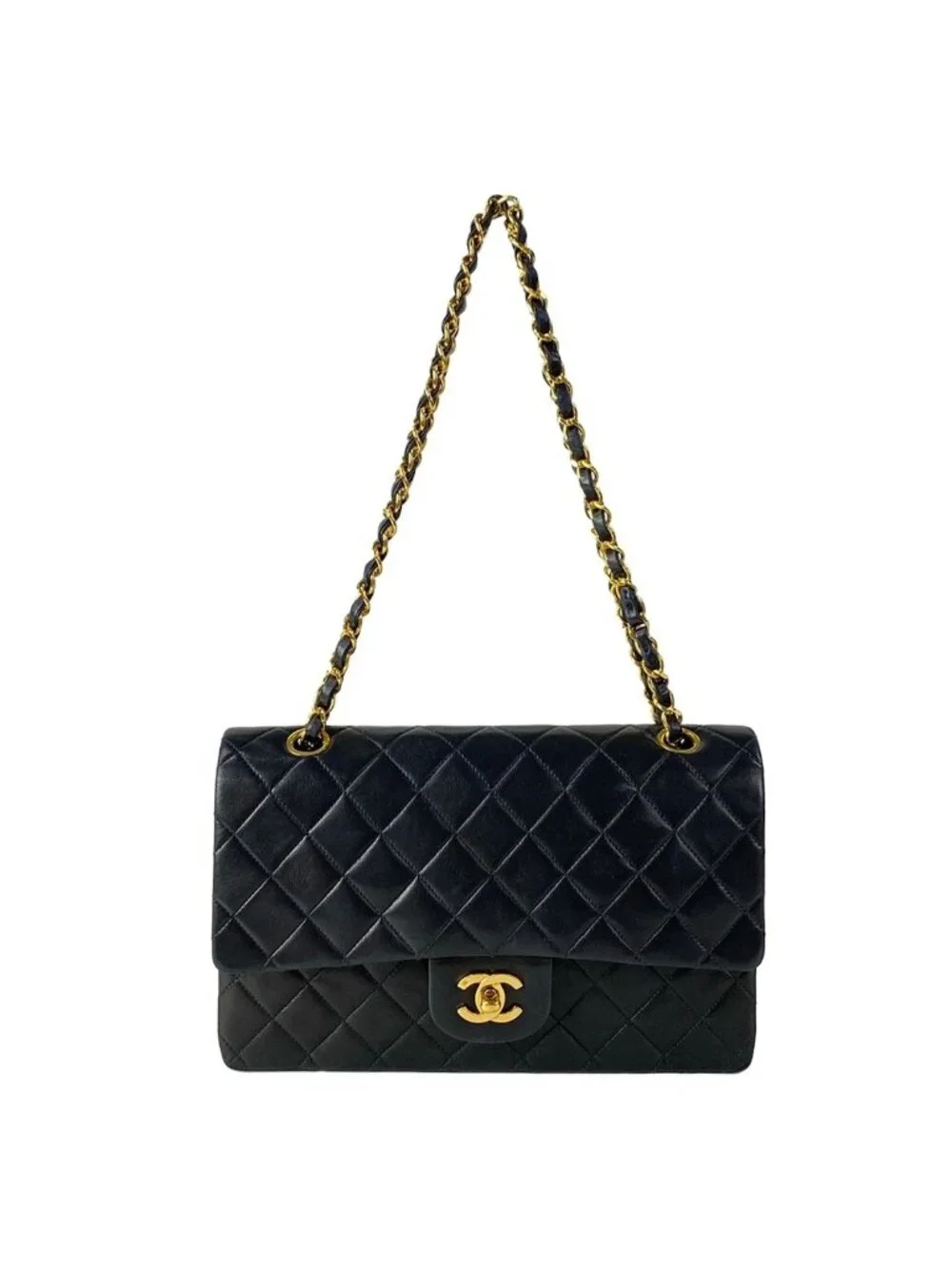 Chanel Shoulder Bag Double Flap Quilted Black Gold Chain Lambskin
